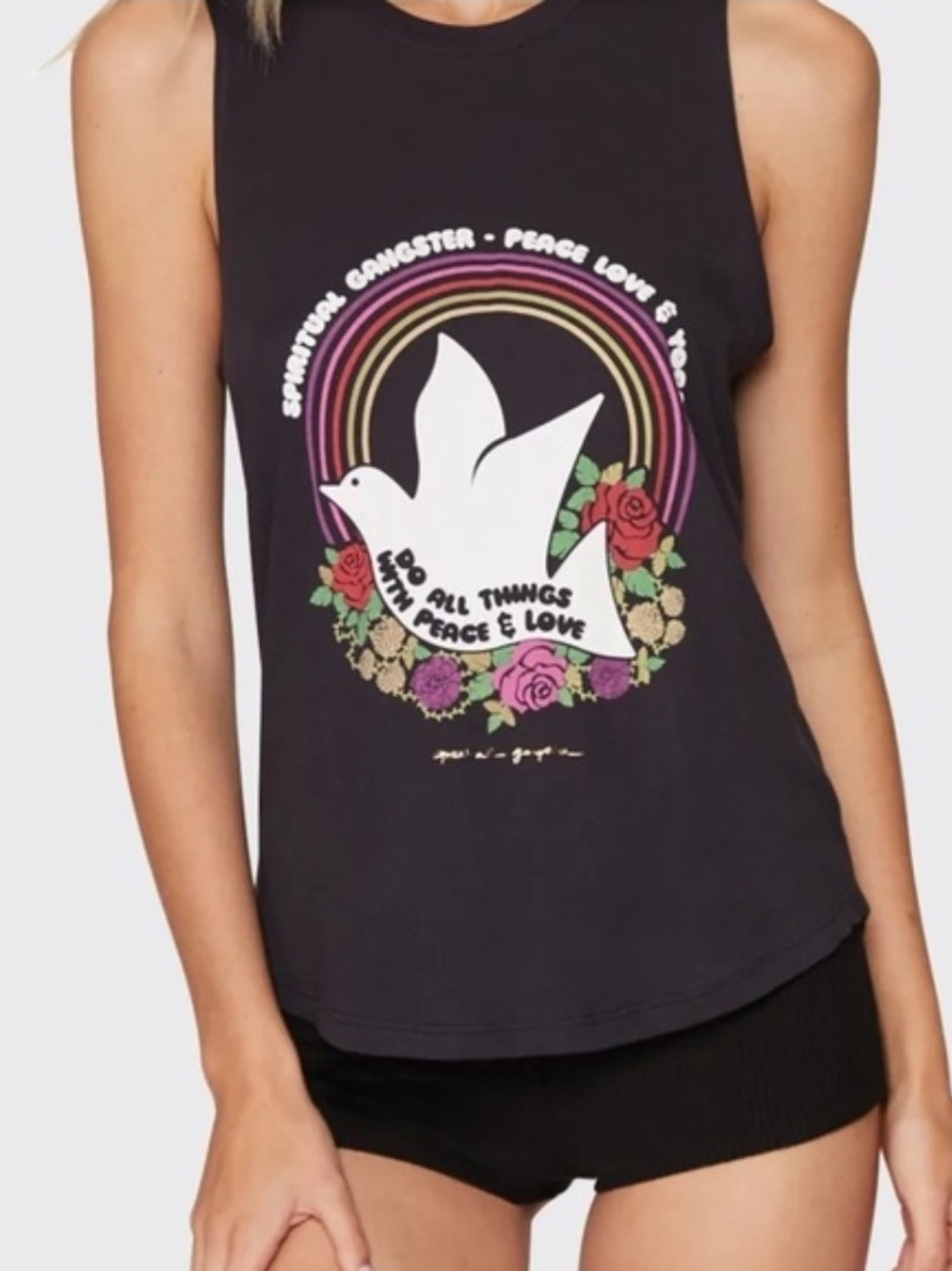 Spiritual Gangster Black Muscle Tank with White Dove & Rainbow Graphic Do Love